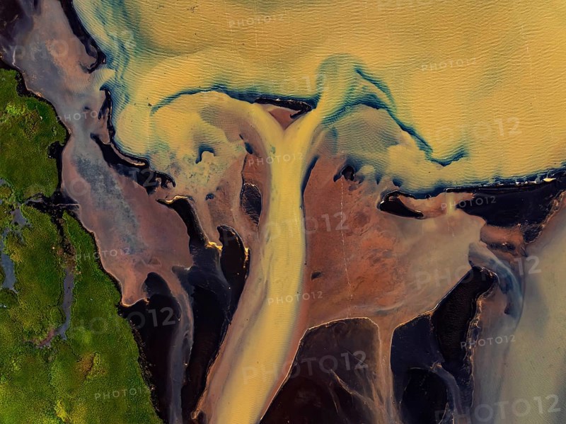 River, river course, river delta, branches, aerial view, wild river, summer, marshland, sediments, sulphur, South Iceland, Iceland