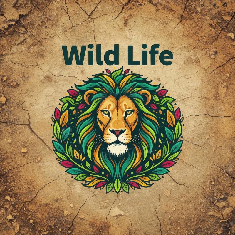 A colorful illustration showcases a majestic lion surrounded by a wreath of leaves, with the words 'Wild Life' above, set against a textured background, AI generated