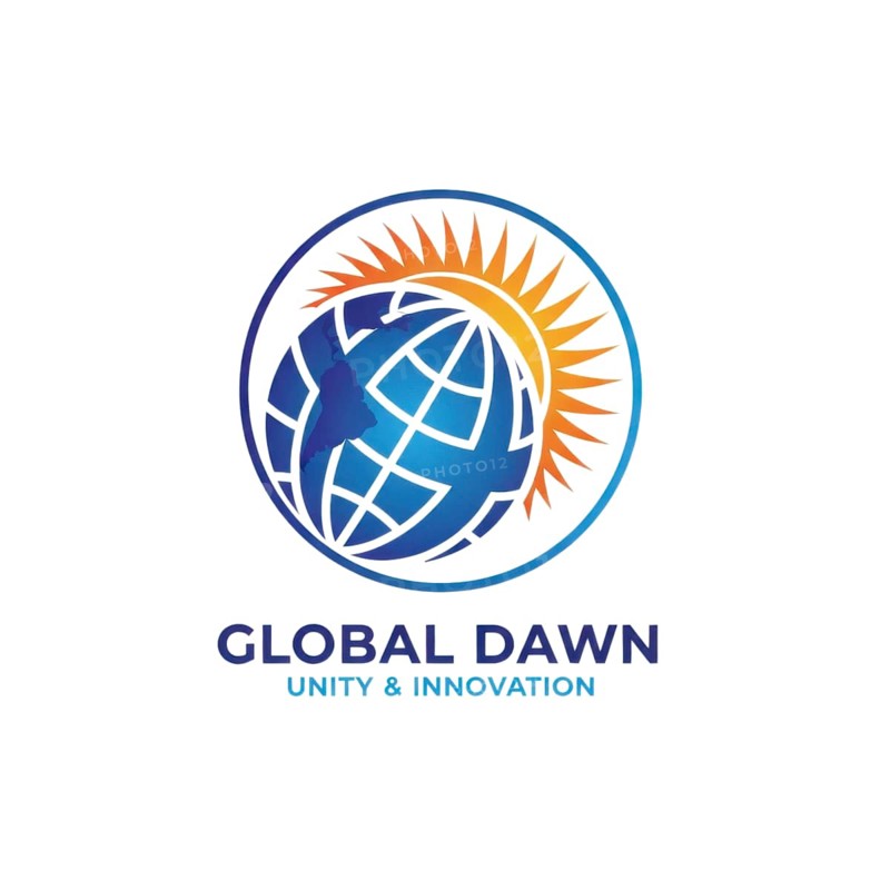 The Global Dawn logo showcases a stylized globe with a sunburst, representing global unity and innovation. The design is modern and conveys a sense of progress, AI generated