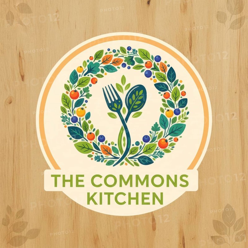 The Commons Kitchen logo is displayed with a fork and spoon design surrounded by leaves and berries, set against a wooden texture, AI generated