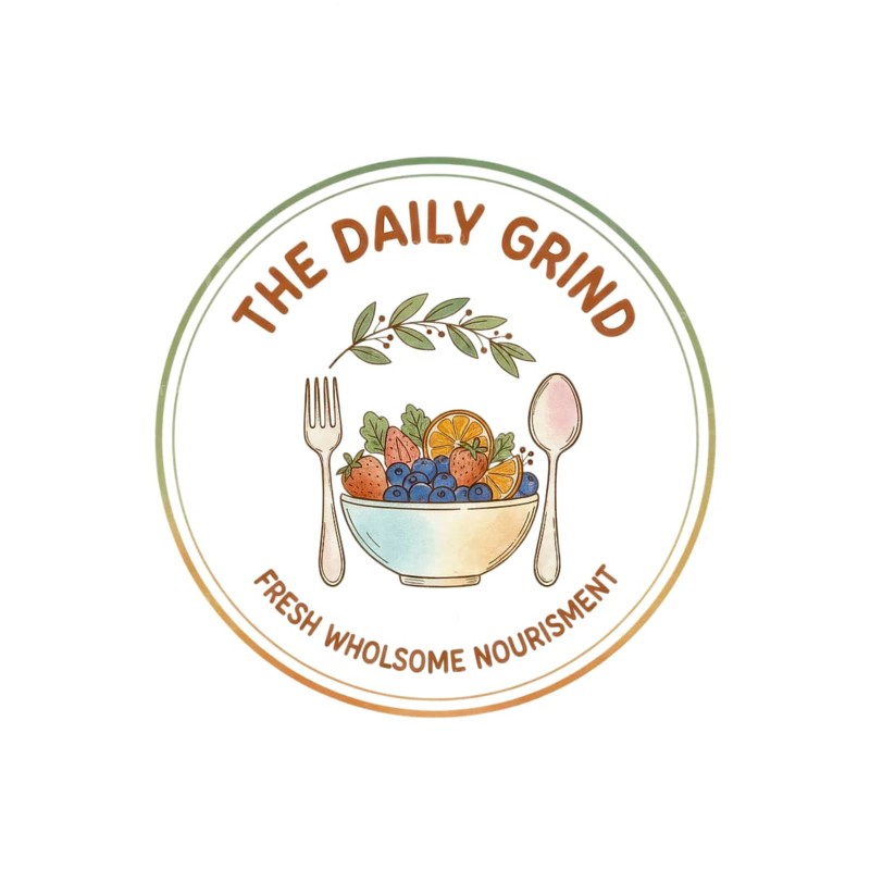 A watercolor-style logo for 'The Daily Grind' showcasing a bowl of blueberries, strawberries, and orange slices, promoting fresh and wholesome nourishment, AI generated