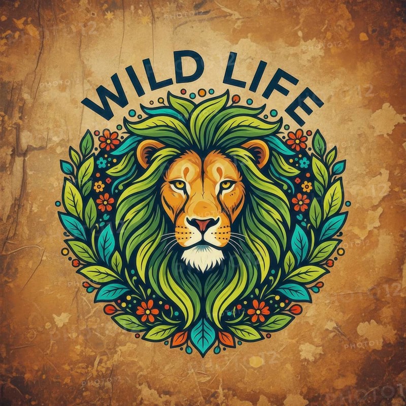 A colorful illustration features a lion's face surrounded by a wreath of leaves and flowers, set against a textured background, AI generated