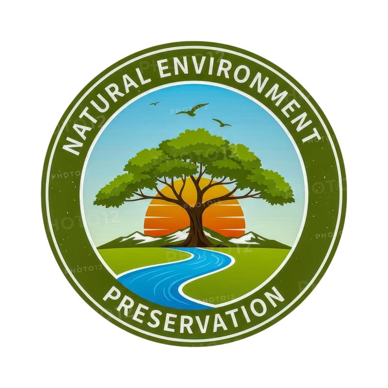 A circular logo design promoting natural environment preservation, featuring a tree, river, mountains, and a setting sun, with birds in the sky, AI generated