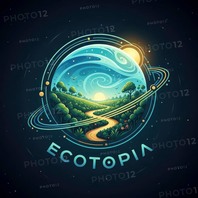 This artwork depicts a stylized planet with rolling hills, a winding road, and lush greenery, all enclosed within a circular frame, evoking a sense of harmony and sustainability, AI generated