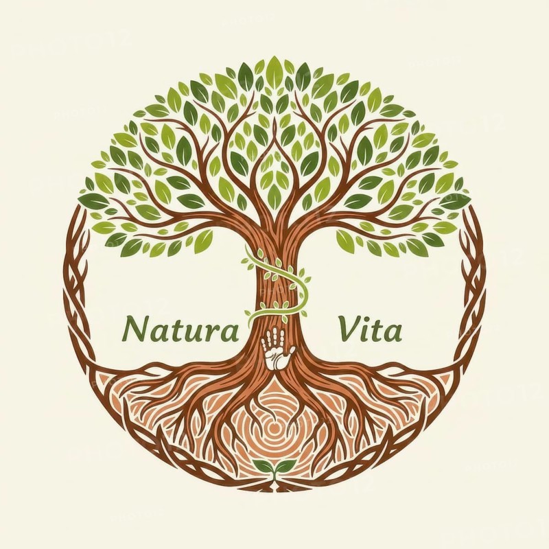 A detailed illustration of a tree of life logo, featuring intricate roots, branches, and leaves, with the words 'Natura Vita' inscribed, AI generated