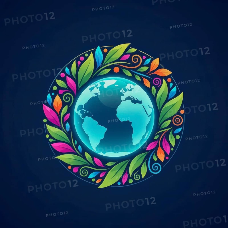 A vibrant illustration depicts the Earth encircled by a wreath of colorful leaves, symbolizing environmental conservation and global unity against a dark blue background, AI generated
