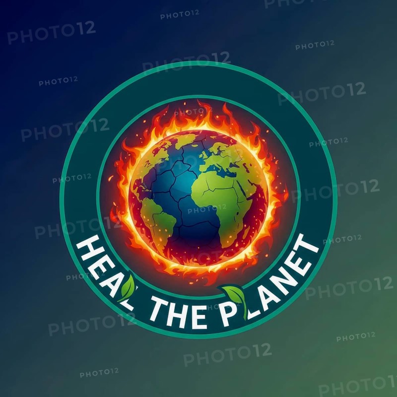 An illustration depicts the Earth engulfed in flames, symbolizing climate change, with the message 'Heal the Planet' encircling the globe, AI generated
