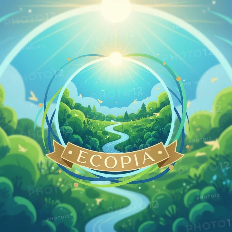 The image depicts a serene landscape with a winding river, surrounded by trees and a bright sun, all within a circular frame, promoting Ecopia, AI generated