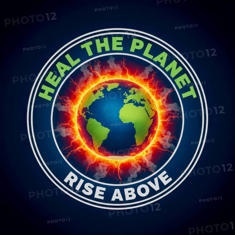 This image features a vibrant emblem with the words Heal the Planet and Rise Above surrounding a globe engulfed in flames, symbolizing environmental concerns, AI generated