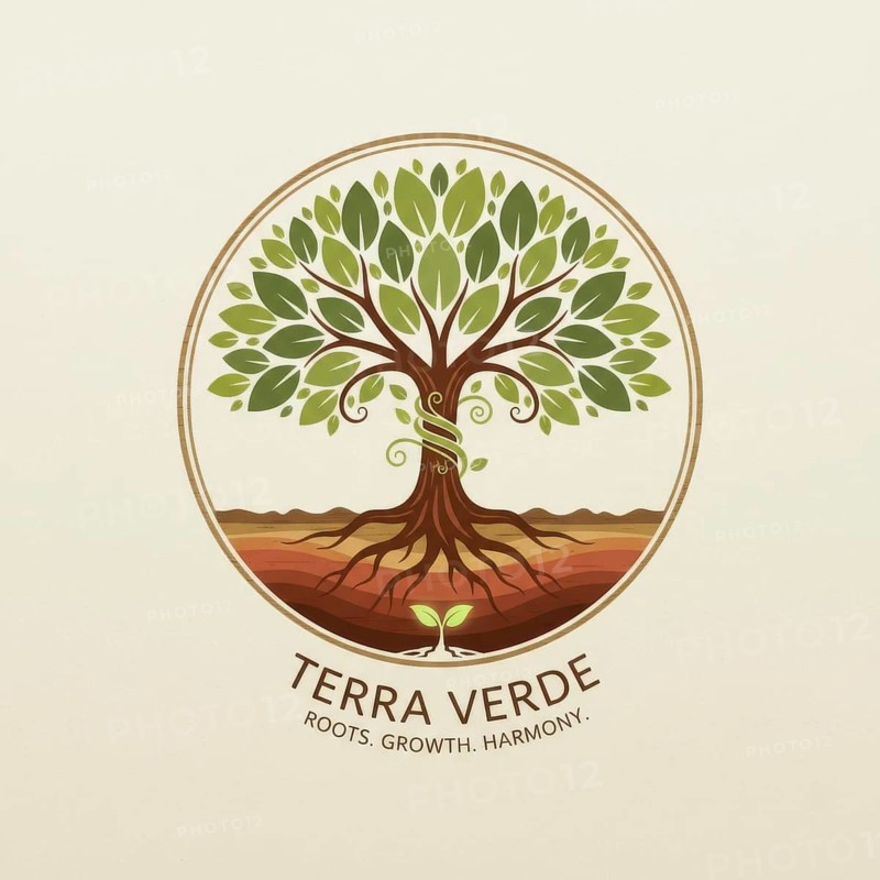 The Terra Verde logo features a stylized tree within a circle, representing roots, growth, and harmony. The design incorporates leaves, roots, and a spiral element, AI generated