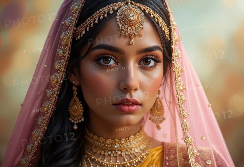 A stunning portrait of a young Indian woman adorned in exquisite gold jewelry and a pink veil, looking directly at the viewer, AI generated