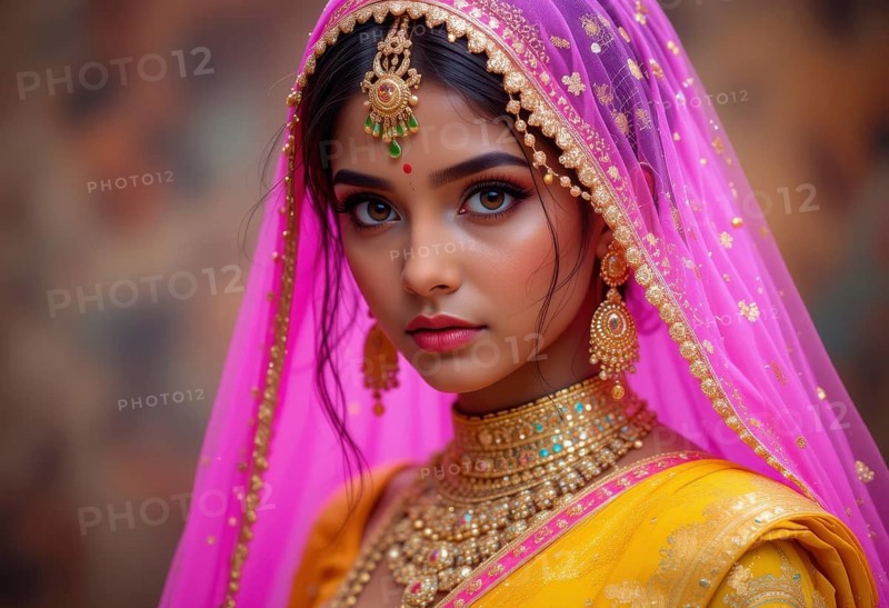 A stunning portrait of an Indian bride, showcasing her radiant beauty and intricate gold jewelry, with a pink veil, AI generated