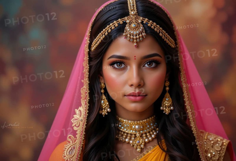 A stunning portrait of an Indian woman showcases her beauty, wearing a vibrant yellow saree and exquisite gold jewelry, with a pink veil, AI generated