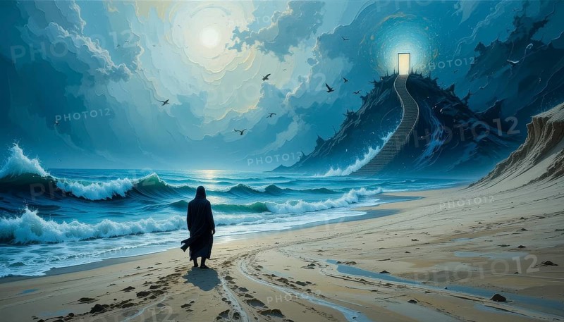 The image depicts a solitary figure on a beach, walking towards a mountain with a glowing door at the top, under a cloudy sky, AI generated