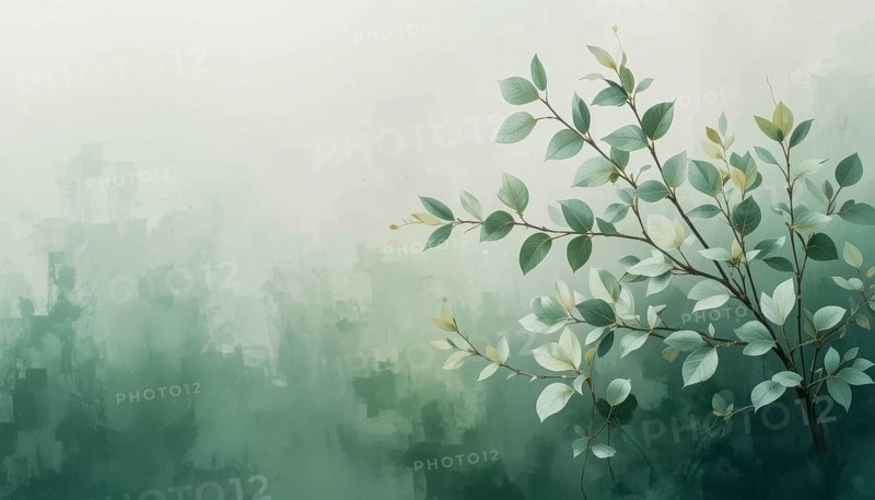 An artistic watercolor painting showcases delicate green leaves and branches against a soft, blurred background, evoking tranquility, AI generated