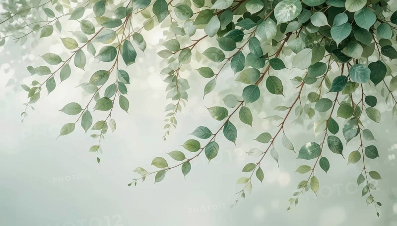 Branches laden with vibrant green leaves gently hang against a blurred, ethereal background. The image evokes a sense of tranquility and the beauty of nature, perfect for various creative projects, AI generated