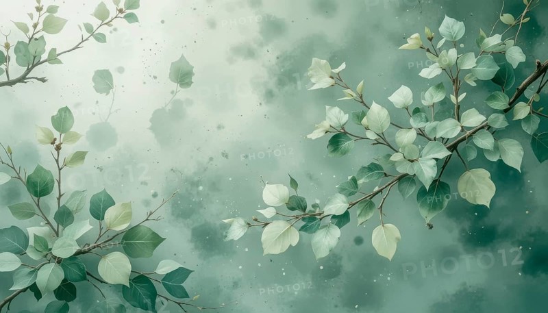This watercolor artwork features elegant branches adorned with soft green leaves against a dreamy, textured background, evoking a sense of tranquility and natural beauty, AI generated