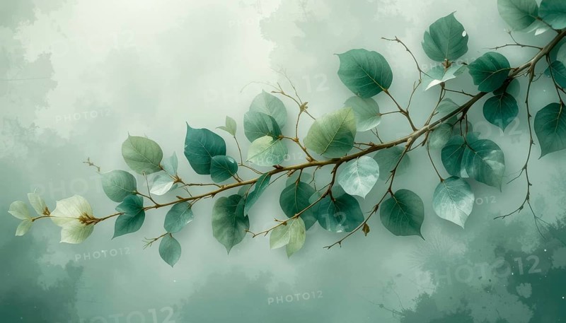 A delicate branch with various shades of green leaves is set against a dreamy, watercolor-textured backdrop, creating a serene and artistic composition, AI generated
