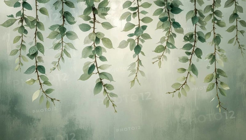 Delicate watercolor painting showcasing hanging leaves with a soft, blurred background, creating a serene and natural aesthetic, AI generated