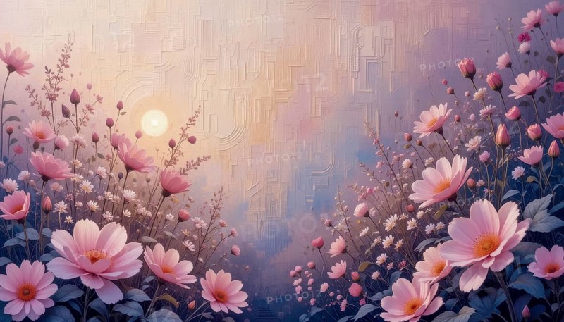 A beautiful painting showcases a field of pink flowers under a soft, warm sun. The artwork evokes a sense of peace and tranquility with its delicate brushstrokes and pastel colors, AI generated