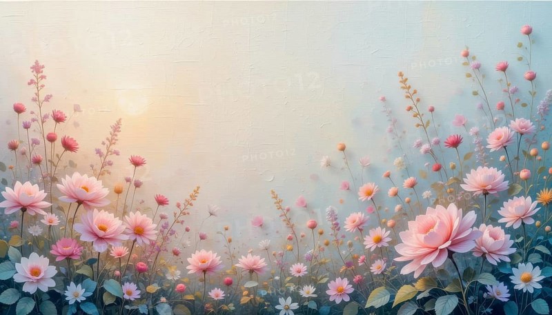 A beautiful painting-like image of a garden filled with delicate pink flowers, creating a peaceful and dreamy atmosphere. The soft colors and gentle light enhance the overall tranquility, AI generated