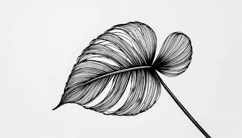 A detailed black and white illustration of a leaf with intricate line work, set against a clean white background, showcasing artistic detail, AI generated