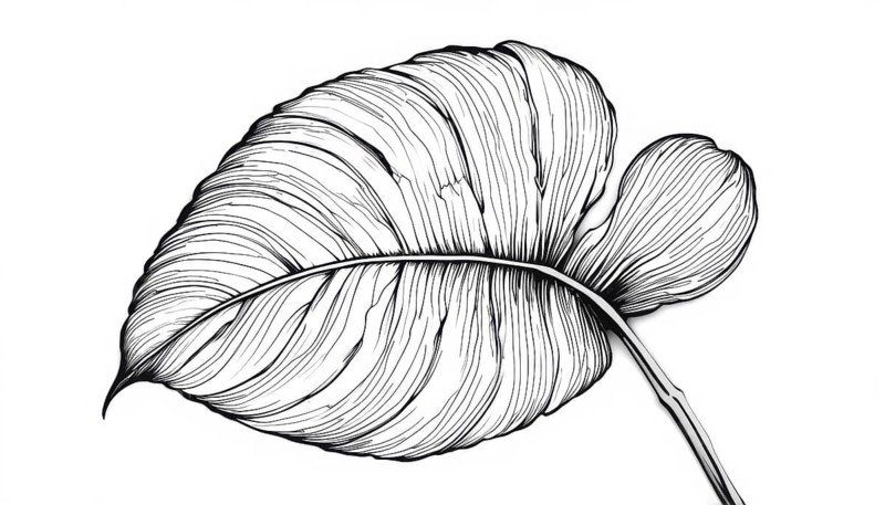 A stunning black and white illustration showcases a large tropical leaf with intricate line details against a clean white background, AI generated