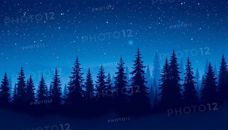 A tranquil scene of a forest at night, with silhouetted trees against a deep blue sky filled with stars, creating a serene atmosphere, AI generated