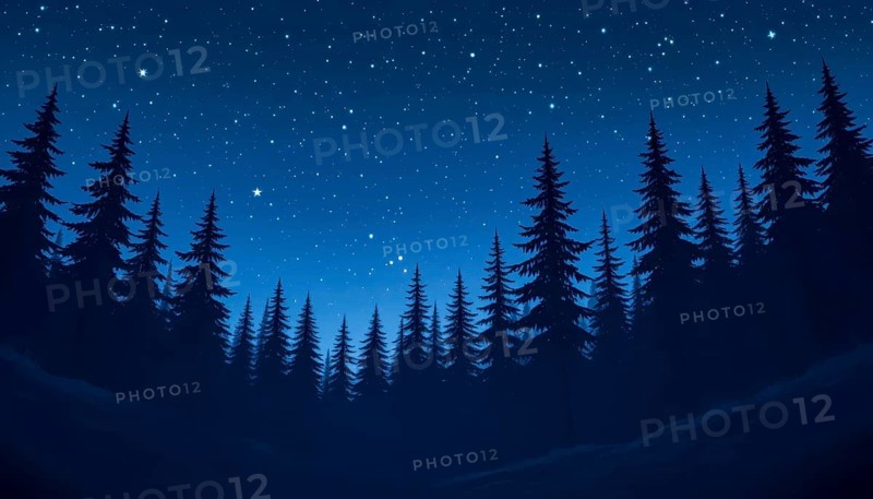 A serene night scene with silhouetted evergreen trees against a deep blue sky filled with twinkling stars. The forest creates a peaceful, tranquil atmosphere, AI generated