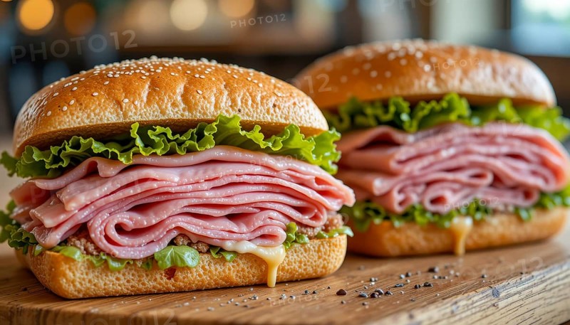 Two appetizing ham sandwiches are presented, showcasing layers of ham and crisp lettuce between sesame seed buns, ready to eat, AI generated