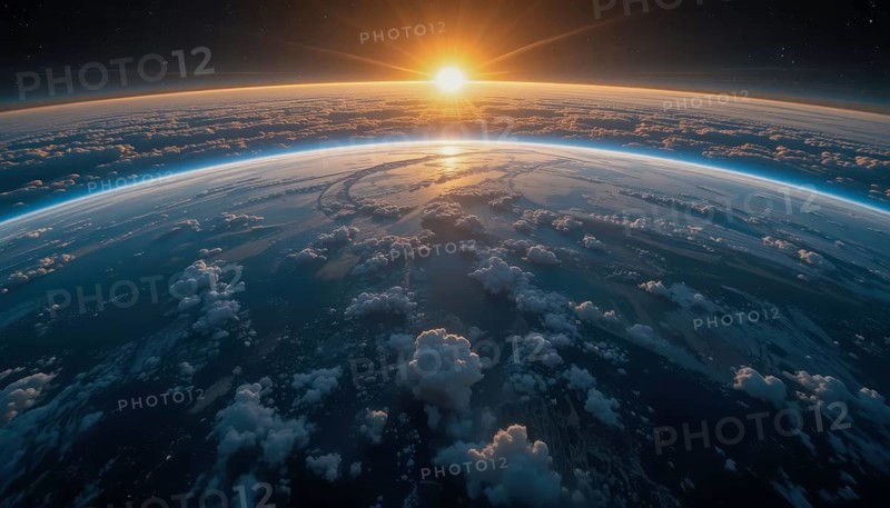 The breathtaking view of Earth from space captures the sunrise, with clouds and the atmosphere illuminated by the sun's light, creating a stunning visual, AI generated