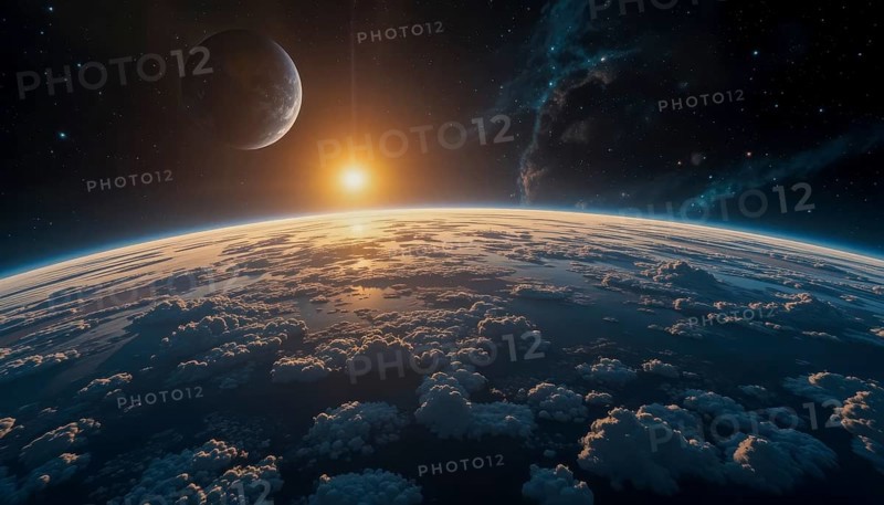An awe-inspiring cosmic scene showcases a planet's horizon with a bright sun and a moon in the dark space, filled with stars, AI generated