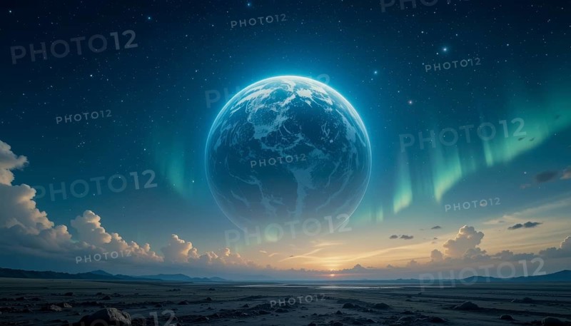 The image showcases a celestial scene with a glowing planet, vibrant aurora, and a serene landscape under a starry sky, evoking a sense of wonder, AI generated