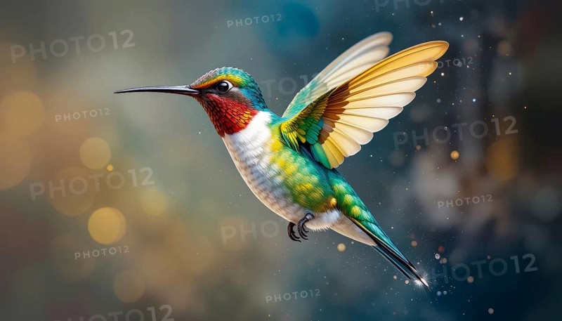 A vibrant hummingbird with iridescent feathers is captured mid-flight against a soft, blurred background, showcasing its beauty, AI generated