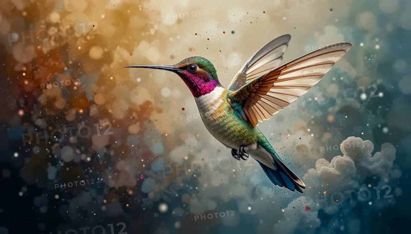 A vibrant hummingbird soars gracefully, its wings spread wide, set against a backdrop of soft clouds and a painterly sky, AI generated