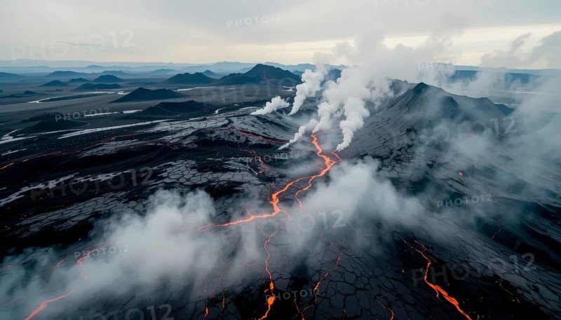 Dramatic aerial shot captures a volcanic eruption, showcasing molten lava rivers and plumes of smoke against a moody sky, AI generated