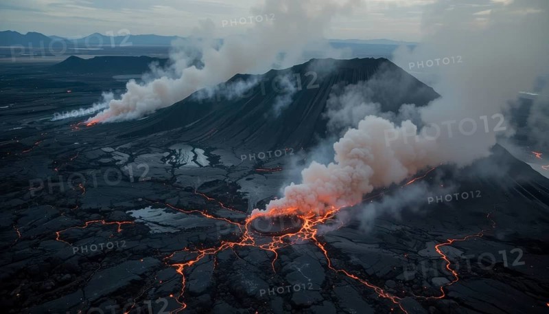 An aerial view captures a volcanic eruption, showcasing molten lava flows and billowing smoke against a dramatic landscape, AI generated