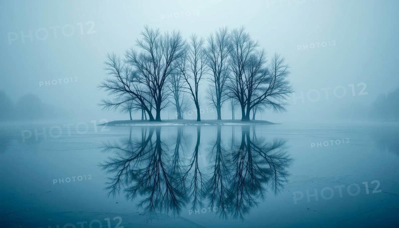 Bare trees stand on a small island, their reflections mirrored in the still water of a lake shrouded in mist, creating a tranquil scene, AI generated