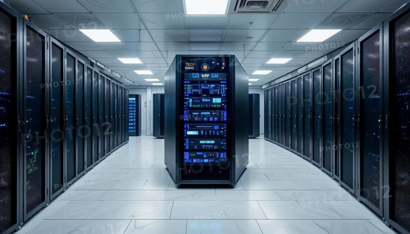 A modern data center showcases rows of server racks, illuminated by blue lights, creating a futuristic ambiance. The symmetrical arrangement emphasizes technology, AI generated