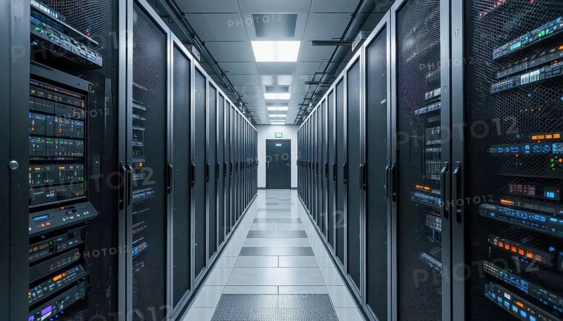 A long hallway in a data center is lined with server racks, with a door at the end. The servers are running and the lights are on, AI generated