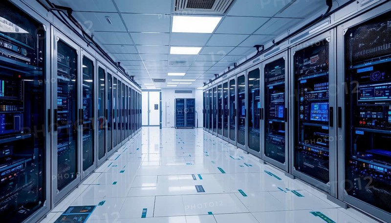 A long, well-lit server room with rows of server racks, showcasing advanced technology and data storage capabilities, AI generated