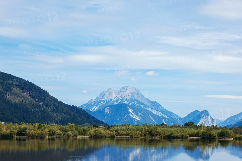 Panoramic lake with mountain in the background, Admont, Styria, Austria