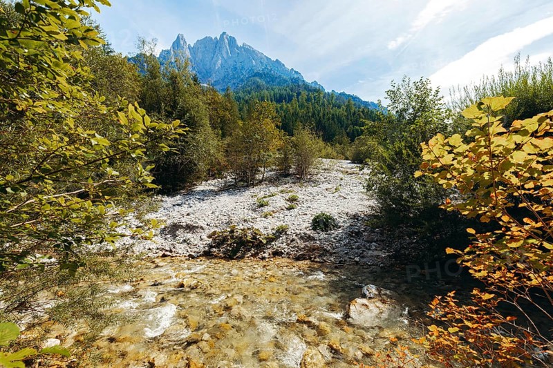 Johnsbach stream flows under gentle sunlight, Gesäuse National Park, Styria, Austria