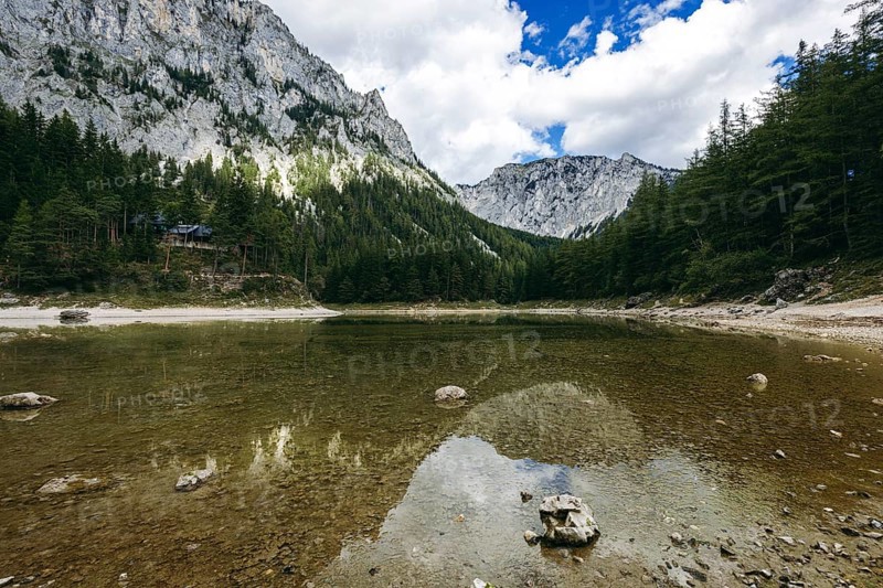 Pribitz and Meßnerin reflected in the Green Lake, Tragöß, Styria, Austria
