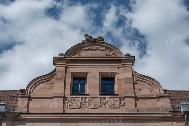 Gable of the Social Court, built in 1899 in the Neo-Renaissance style, Weintraubengasse 1, Nuremberg, Middle Franconia, Bavaria, Germany