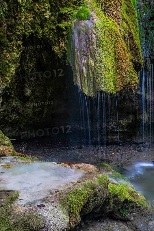 Sinterstein with mosses, Hinanger waterfalls, gorge, rock, limestone, Hinang, Fischen, Allgäu Alps, Bavaria, Germany