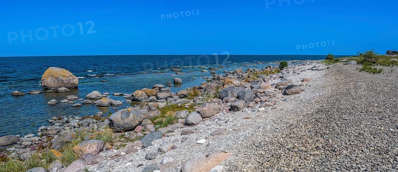 Stones on the shore of the island of Stora grundet on the northern tip of the Swedish Baltic Sea island of Öland, panoramic photo, Stora grundet, Öland, Sweden