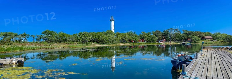 Lighthouse Lange Erik, Langer Erik, at the northern tip of the Swedish Baltic Sea island Öland, on the right a jetty, panoramic photo, Stora grundet, Öland, Sweden