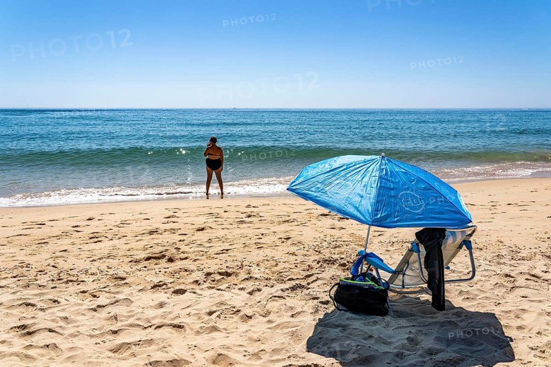 Kilometre-long beach Praia da Ilha de Tavira, on the island off Tavira, partly managed, Algarve, Portugal