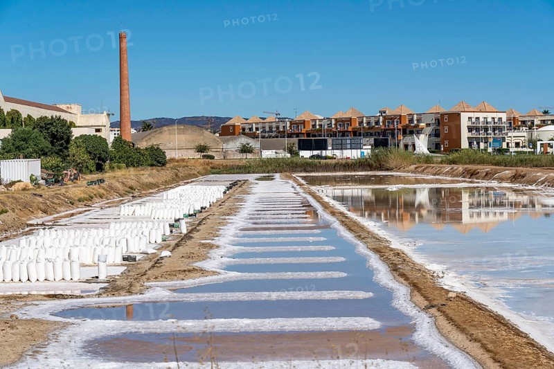 Salt extraction on the Algarve coast in Portugal, 95 per cent of Portuguese sea salt is extracted here, salt works near Tavira